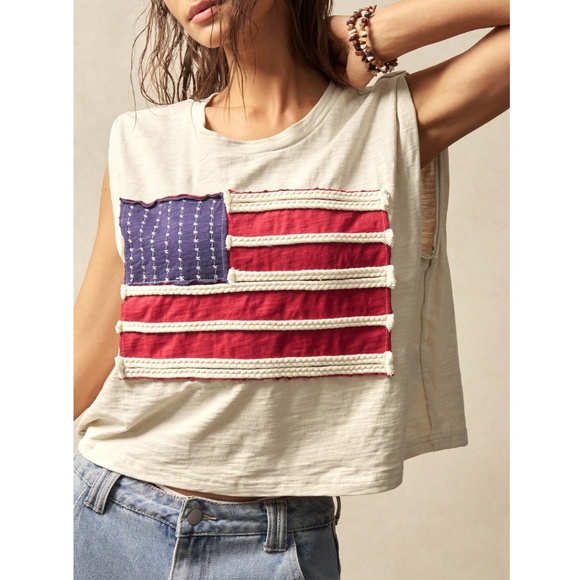 100% Cotton American Flag Beige Round Neck Sleeveless Muscle Tee Shirt - Picture 7 of 8